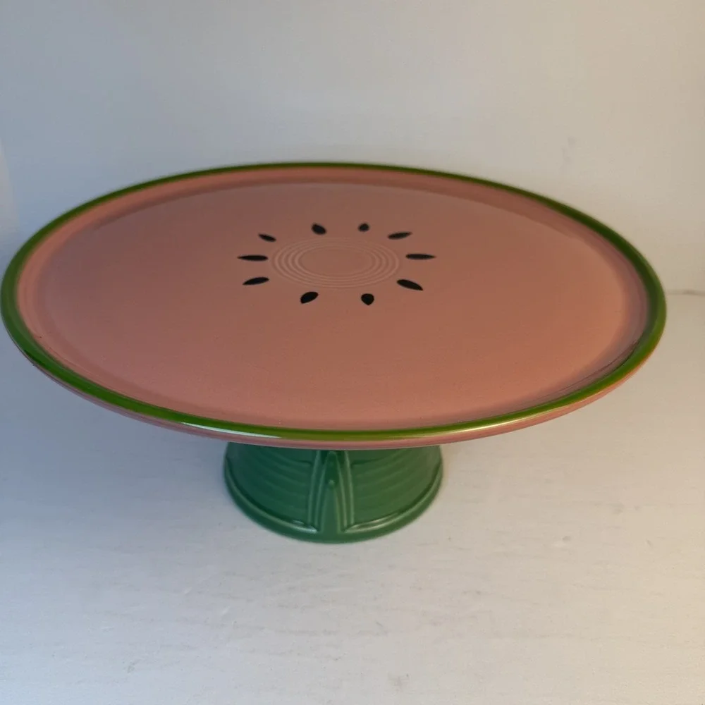 Fiesta Watermelon Pink & Green Ceramic Cake Stand Pedestal Plate USA 2024